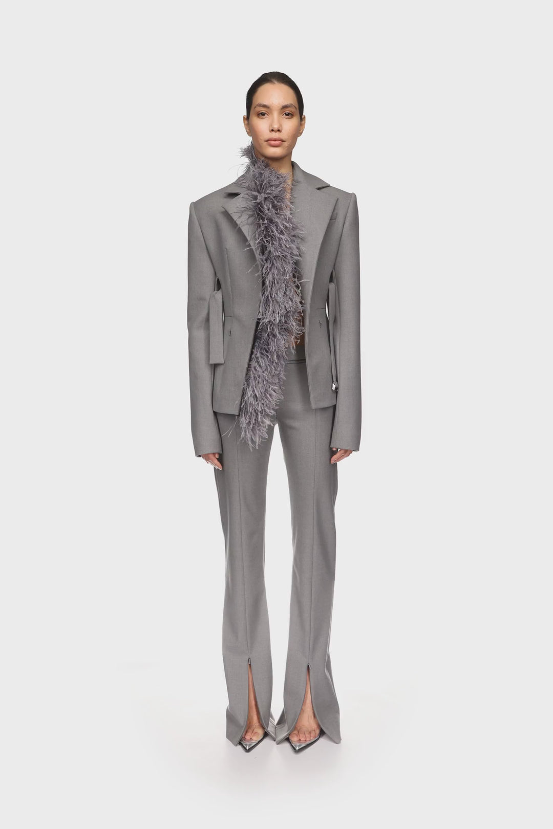 FEATHER TRIM TAILORED JACKET IN GREY