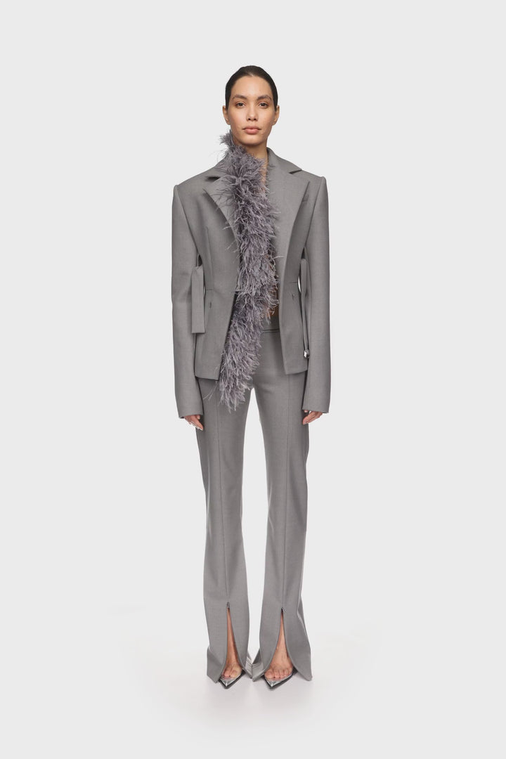 FEATHER TRIM TAILORED JACKET IN GREY