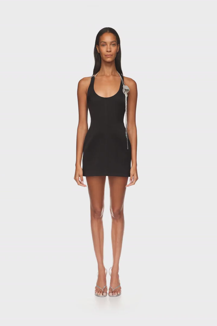 CRYSTAL FLOWER ON SHOULDER MINI DRESS