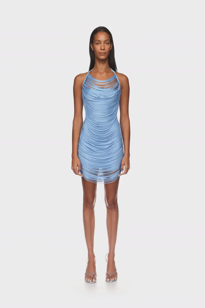 FRINGE DRAPED MINI KNIT DRESS IN BLUE