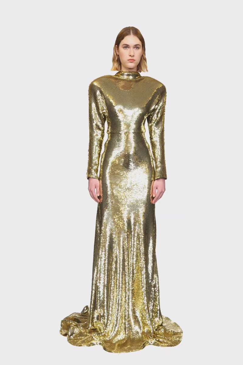 DRAPED OPEN BACK LONG SLEEVE SEQUIN GOWN