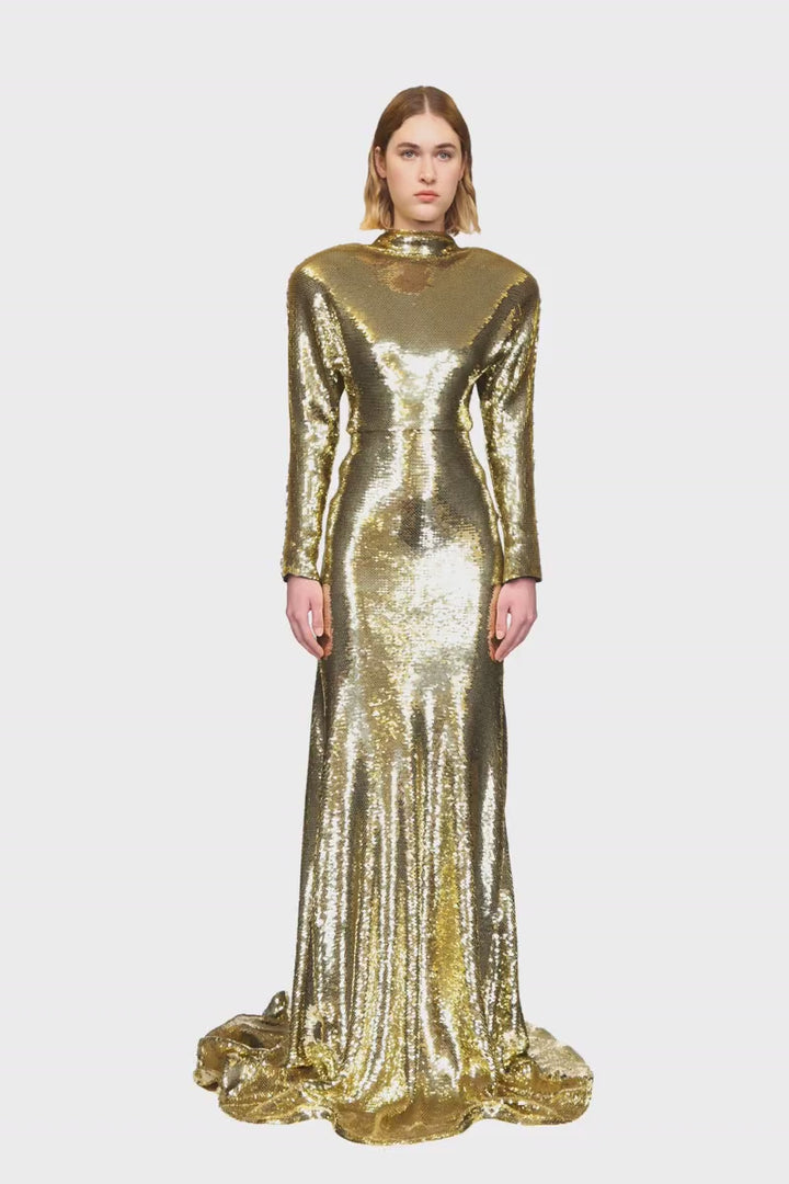 DRAPED OPEN BACK LONG SLEEVE SEQUIN GOWN