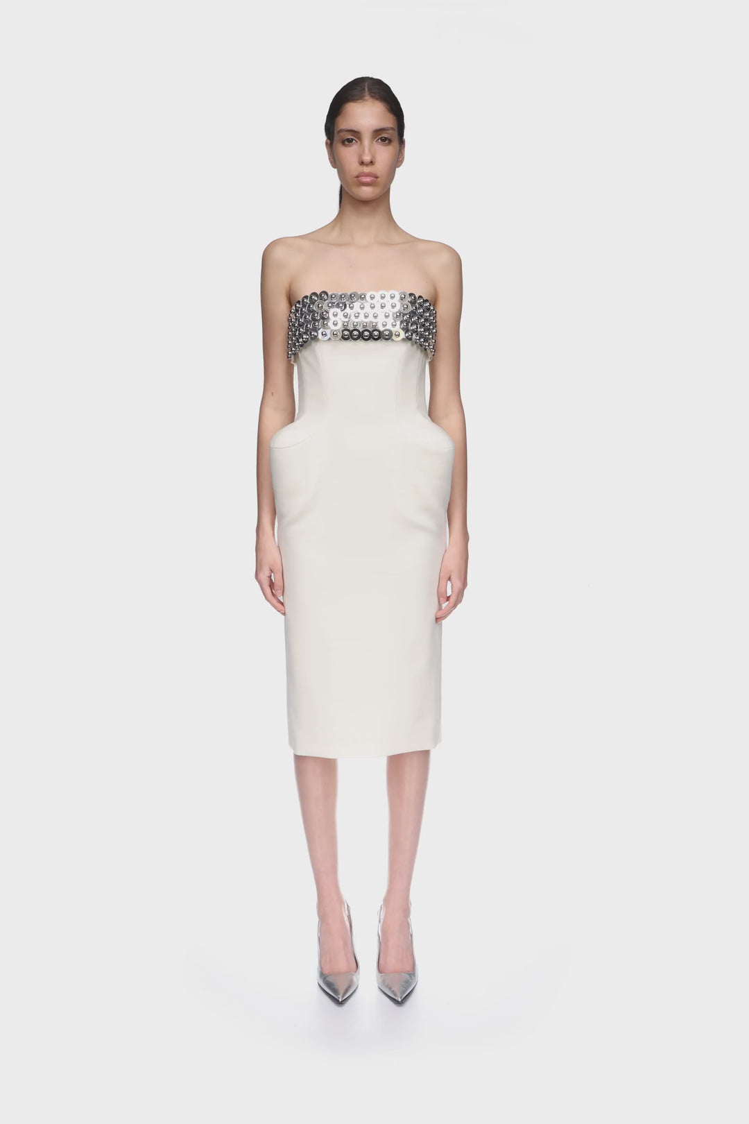 SILVER SPHERES BUST AND PADDED HIP MIDI DRESS