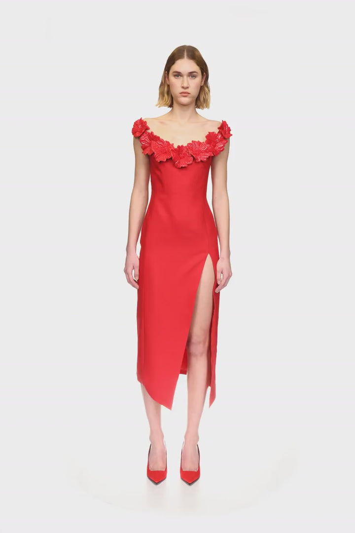 3D FLOWER MIDI DRESS WITH OPEN LEG