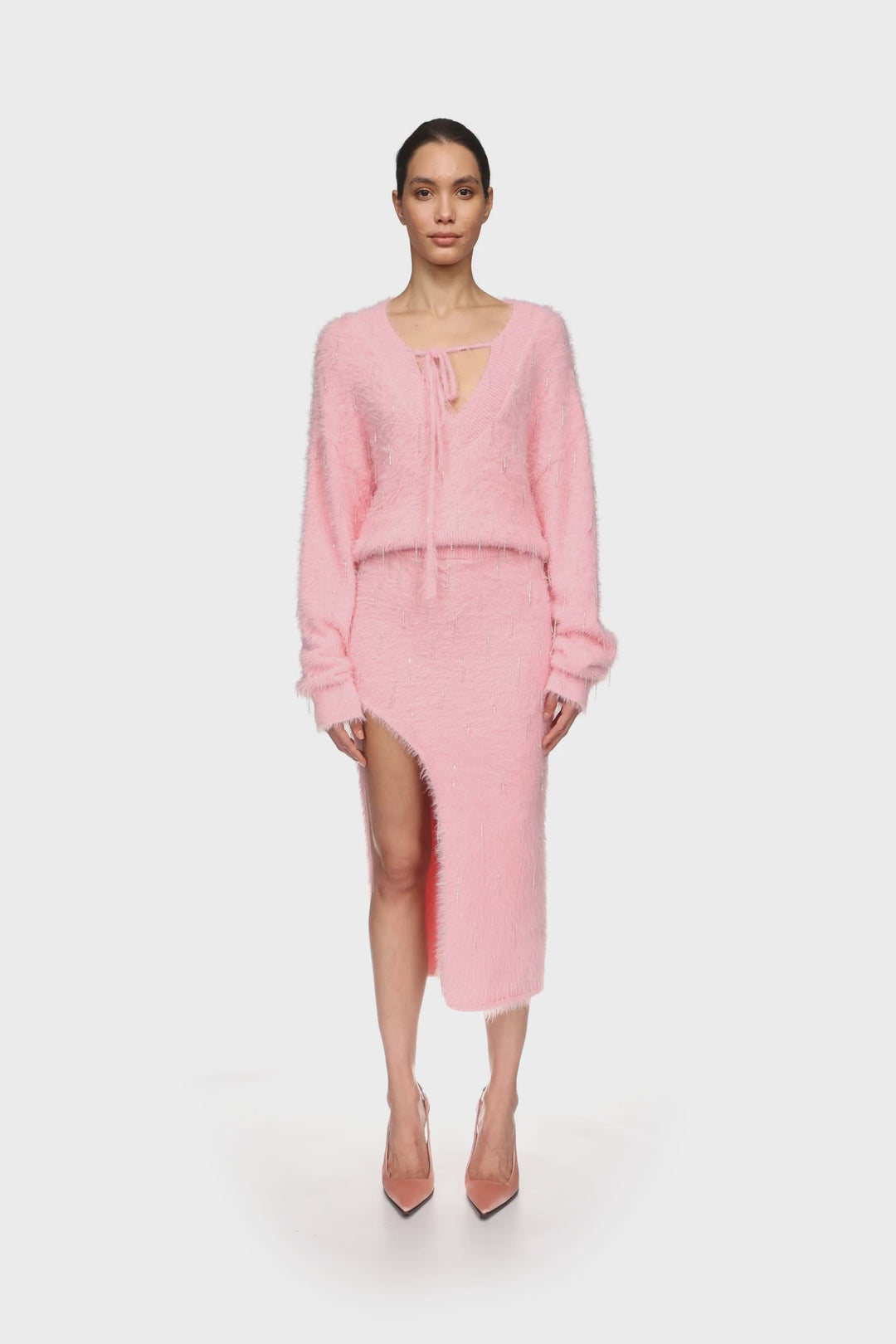 CRYSTAL EMBELLISHED KNIT MIDI SKIRT IN PINK