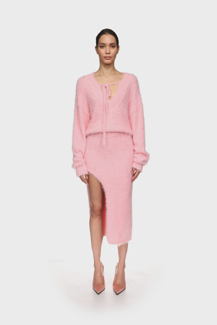 CRYSTAL EMBELLISHED KNIT MIDI SKIRT IN PINK