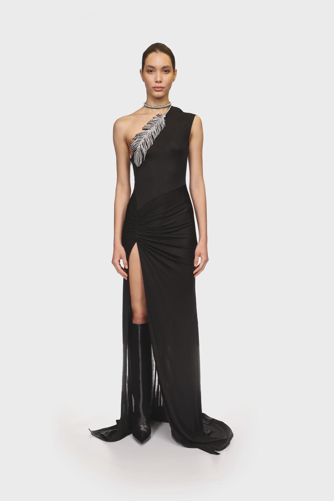 CRYSTAL FEATHER ONE SHOULDER GOWN