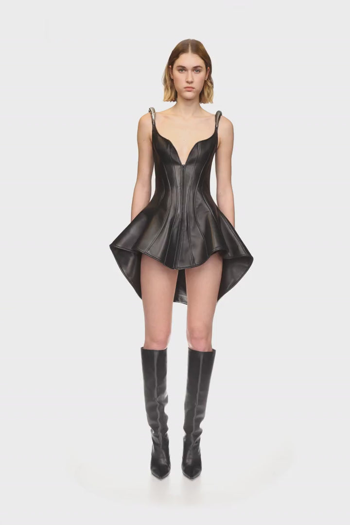 METALLIC CURVE EMB STRAP FLOUNCE HEM LEATHER DRESS