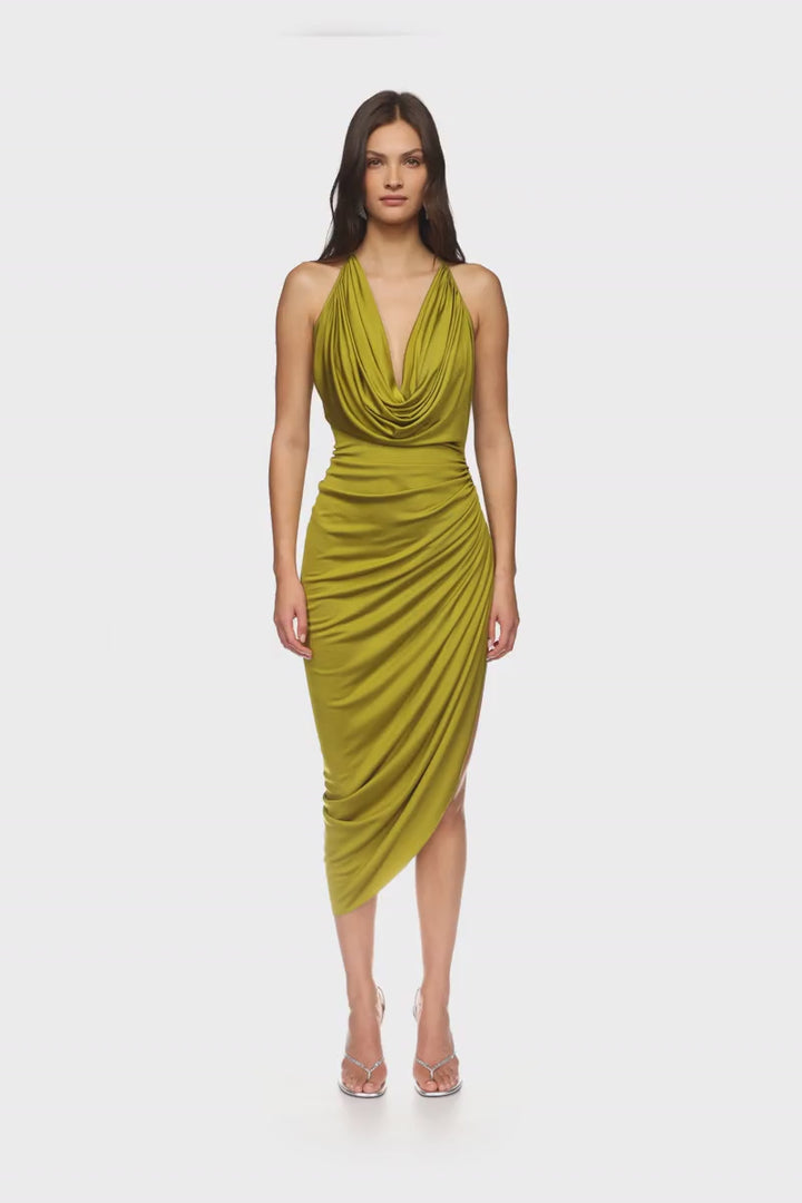 PLUNGE NECKLINE RUCHED MIDI DRESS