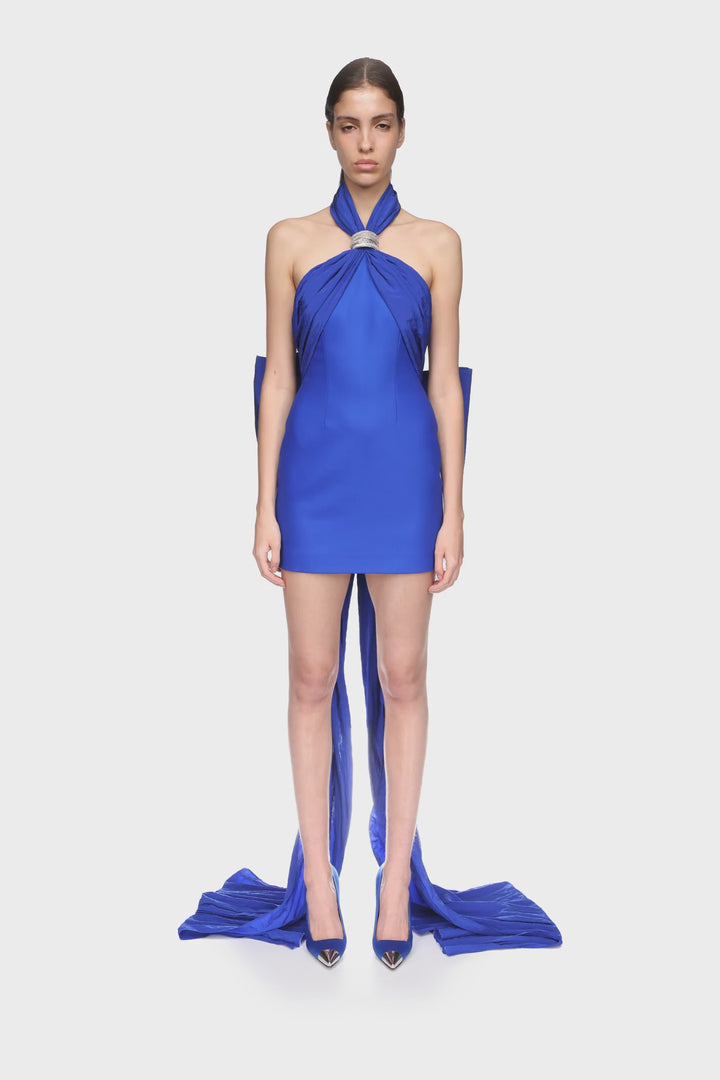 CRYSTAL BROOCH HALTER MINI DRESS WITH BOW