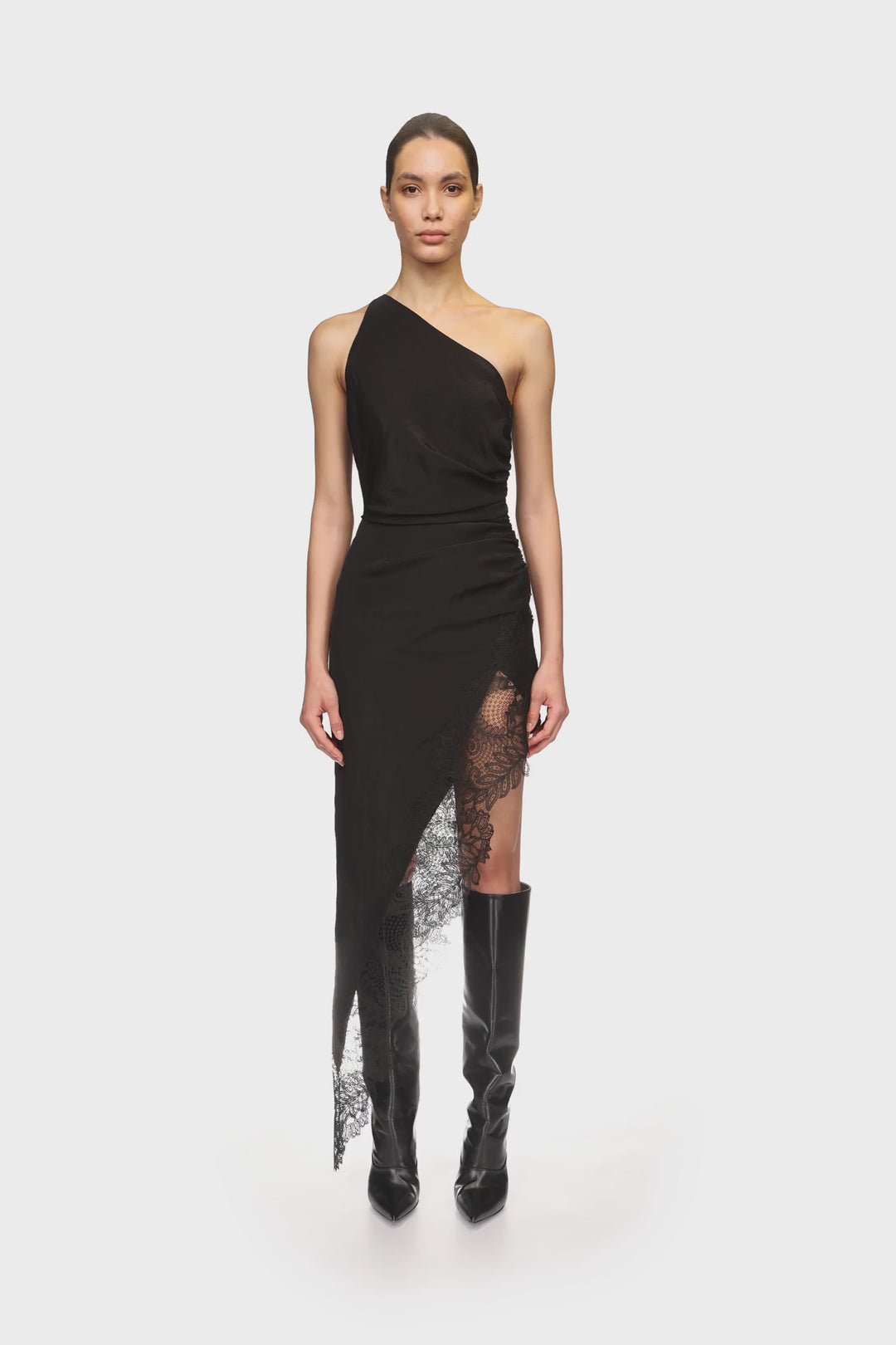 ASYMMETRIC RUCHED AND LACE MIDI DRESS