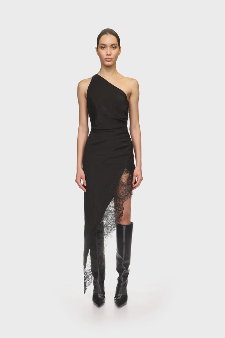 ASYMMETRIC RUCHED AND LACE MIDI DRESS