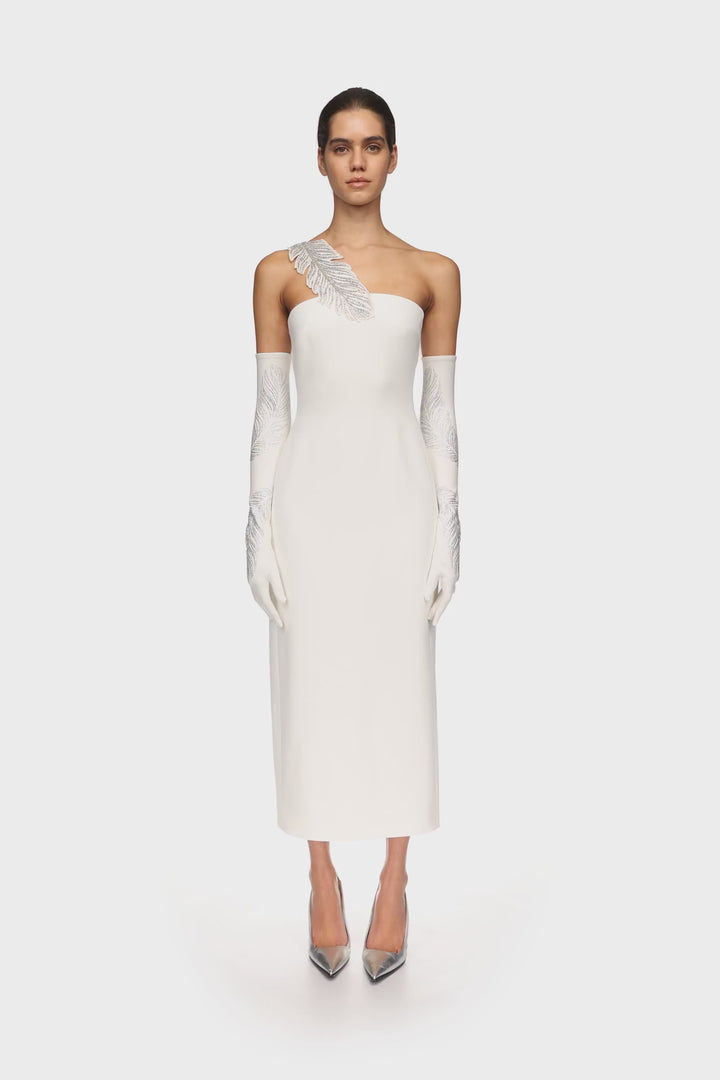 LONG CRYSTAL FEATHER GLOVES IN WHITE