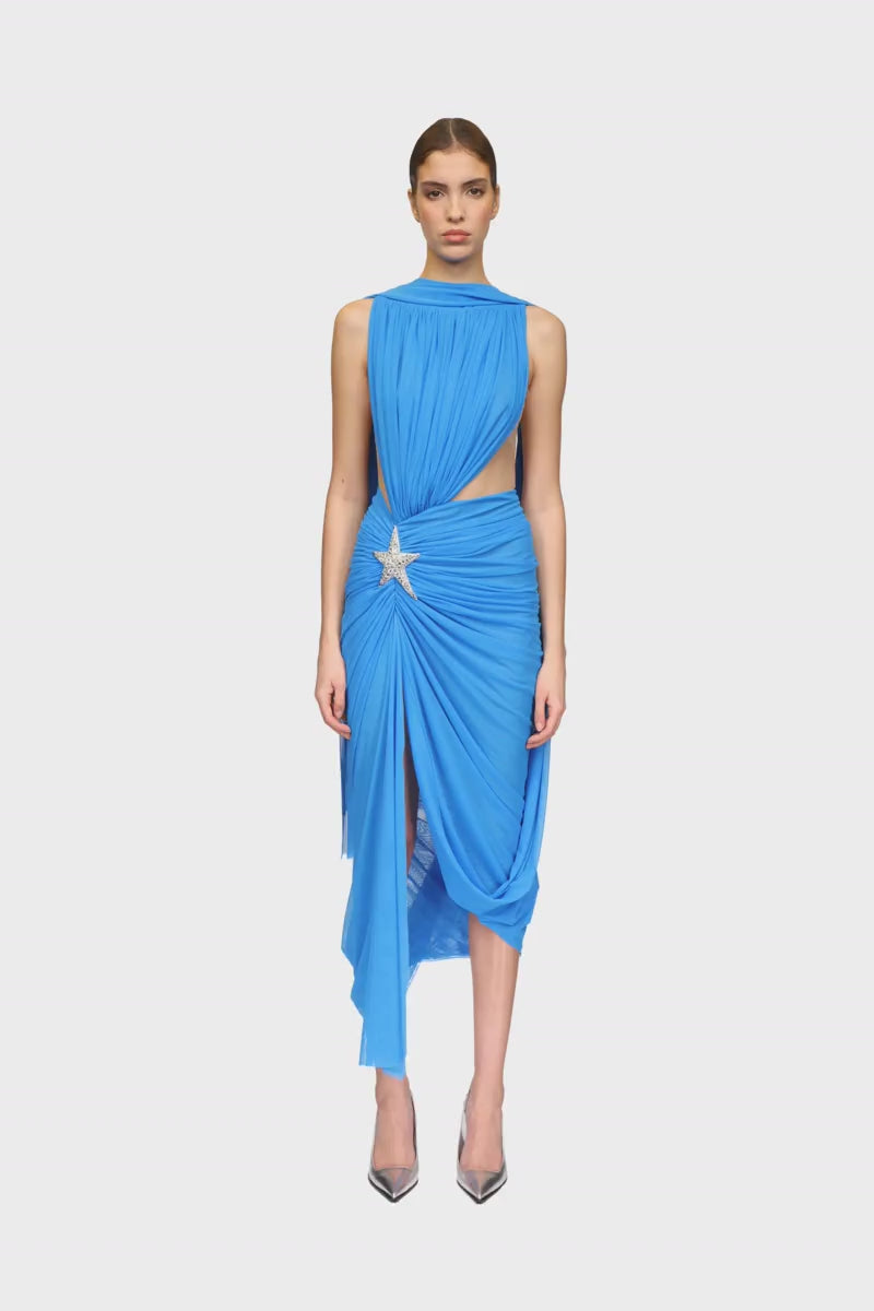 CRYSTAL STAR & CUTOUT DRAPED MIDI DRESS