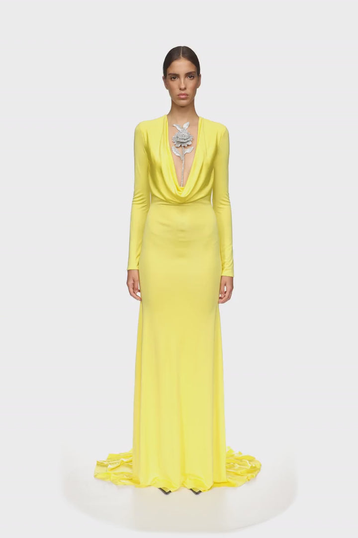 CRYSTAL ROSE DETAIL GOWN IN YELLOW