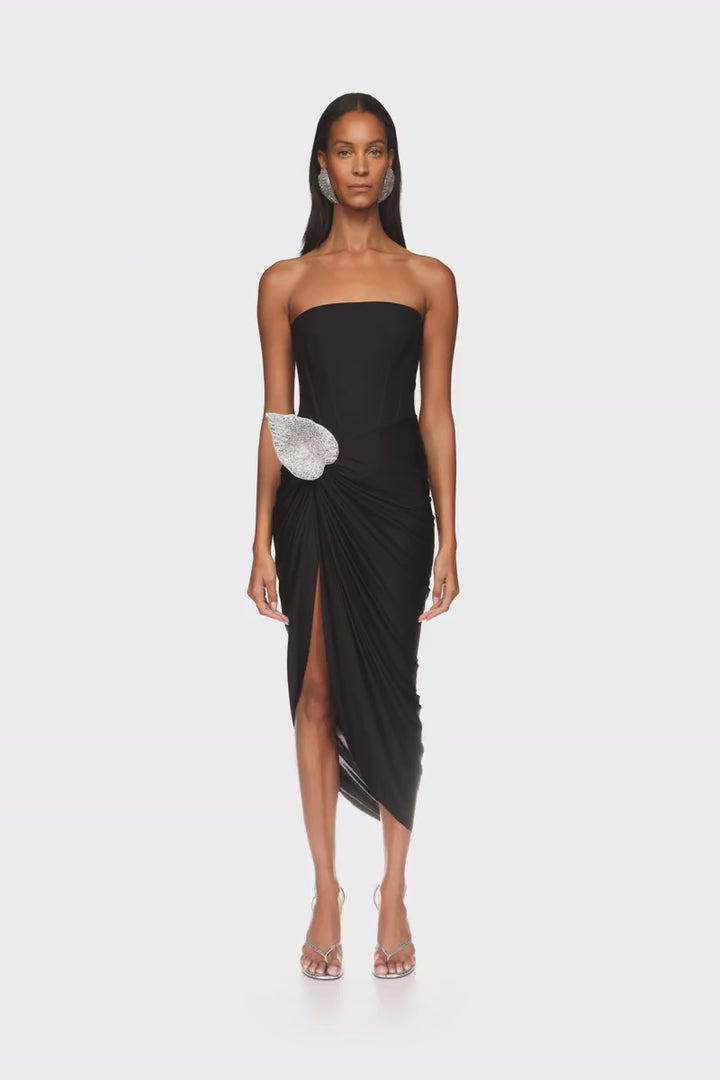 CRYSTAL LEAF AND DRAPED SKIRT CORSET DRESS