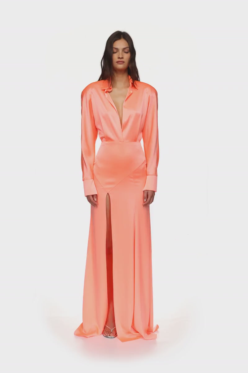 OPEN LEG SATIN SHIRT GOWN