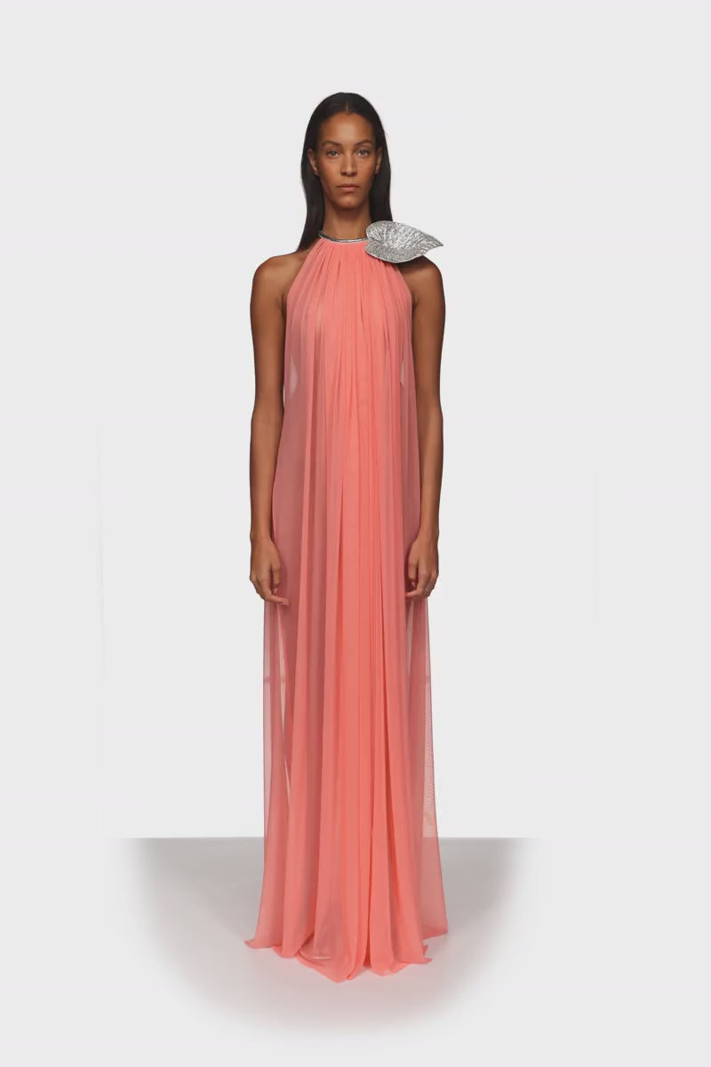 CRYSTAL LEAF AND GATHERED HALTER GOWN