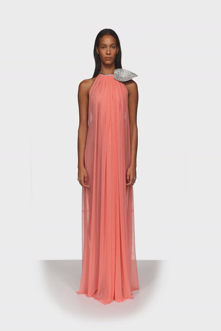 CRYSTAL LEAF AND GATHERED HALTER GOWN