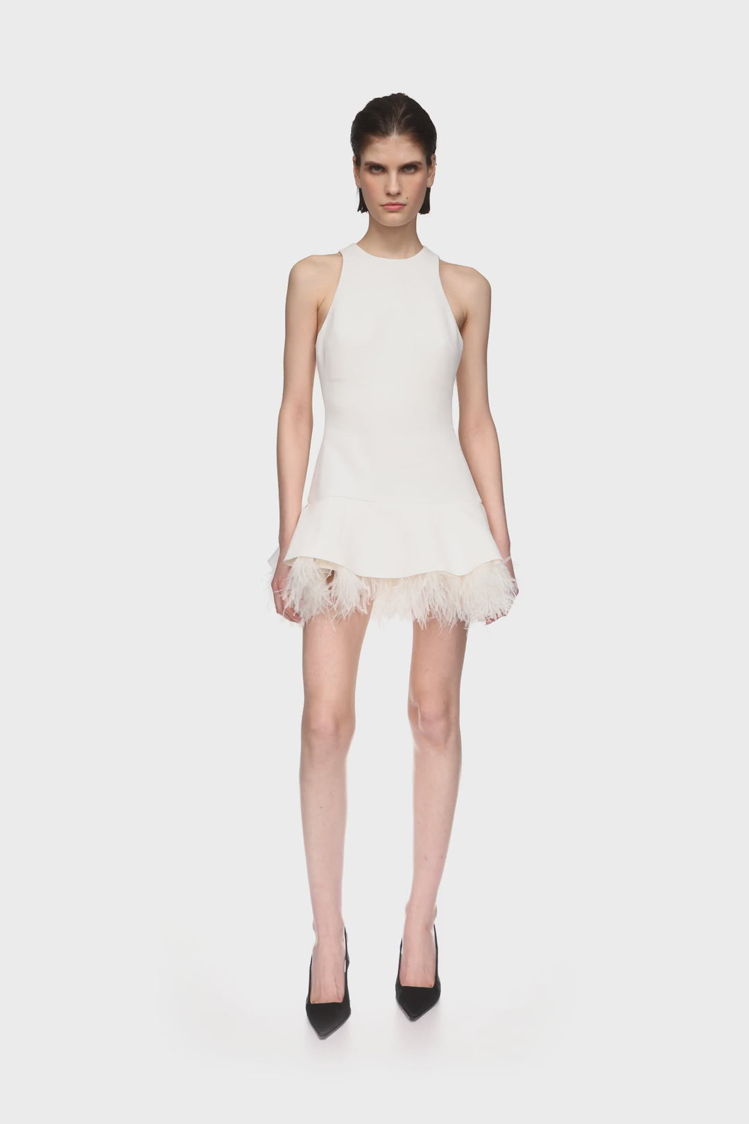 FEATHER TRIM MINI DRESS IN WHITE