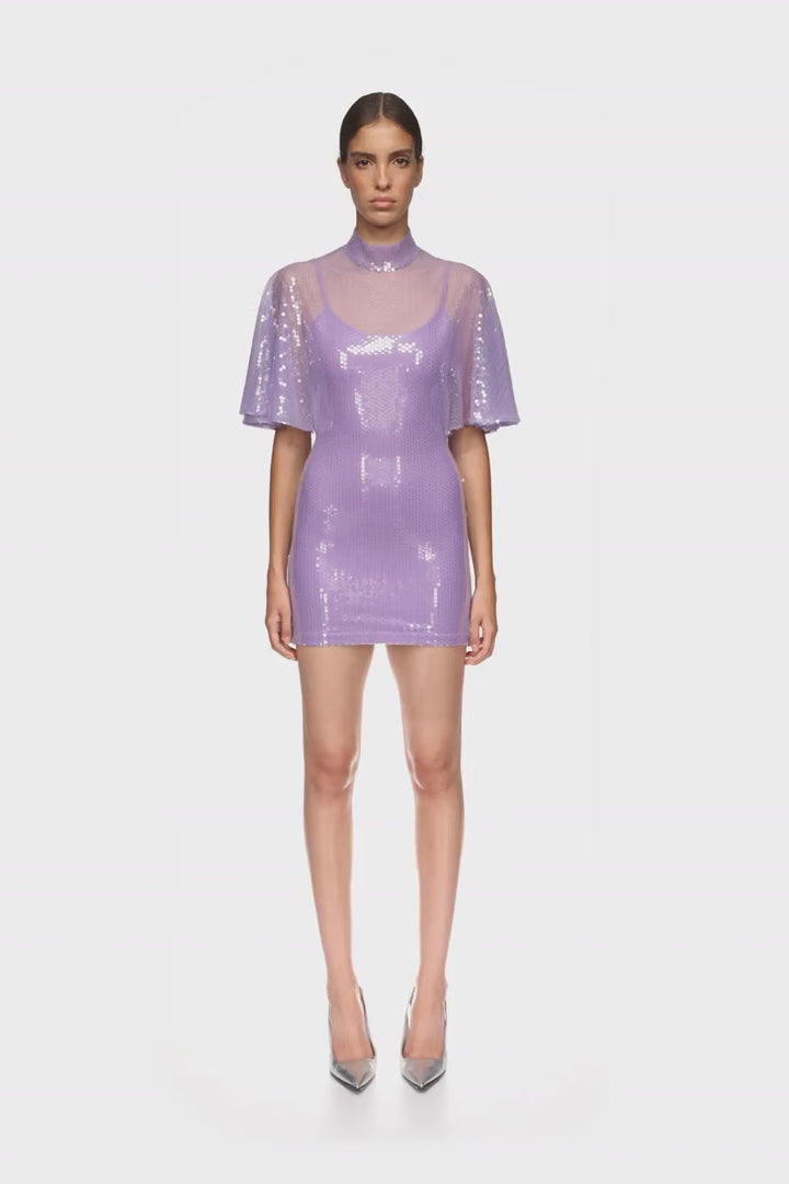DRAPED SLEEVE MINI SEQUIN DRESS IN LILAC
