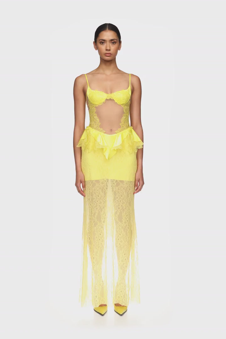 PEPLUM LACE GOWN IN YELLOW