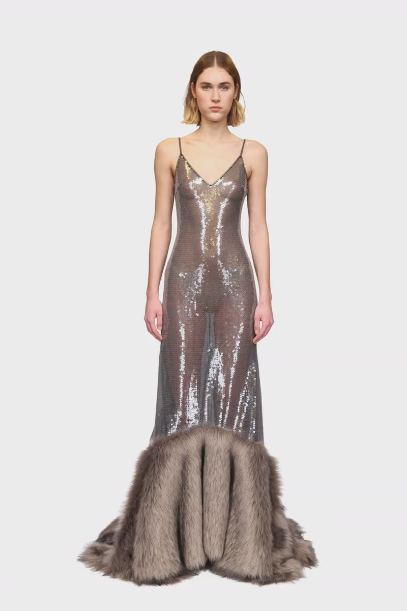 SEQUIN GOWN WITH FAUX FUR HEM