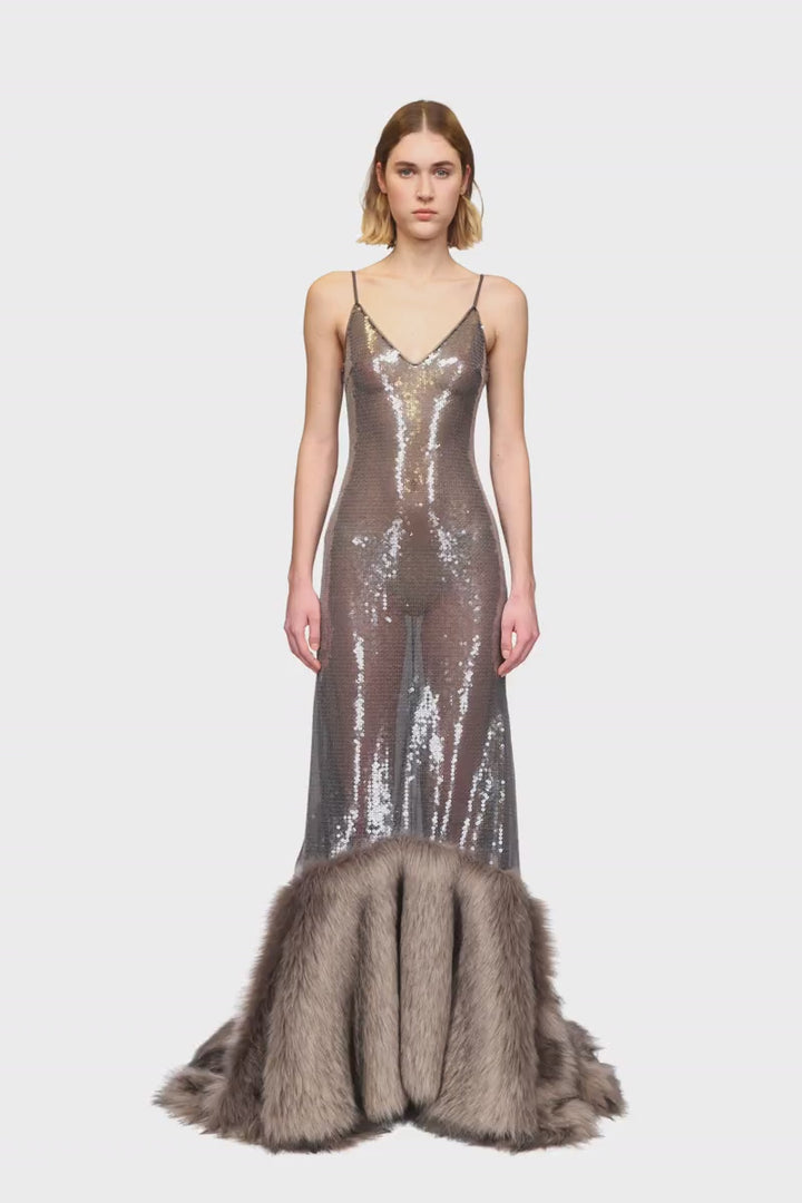 SEQUIN GOWN WITH FAUX FUR HEM