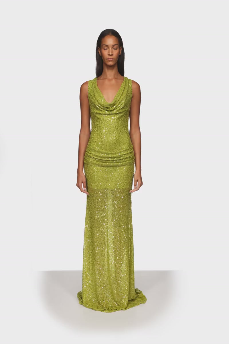PLUNGE NECKLINE SEQUIN EMBELLISHED GOWN