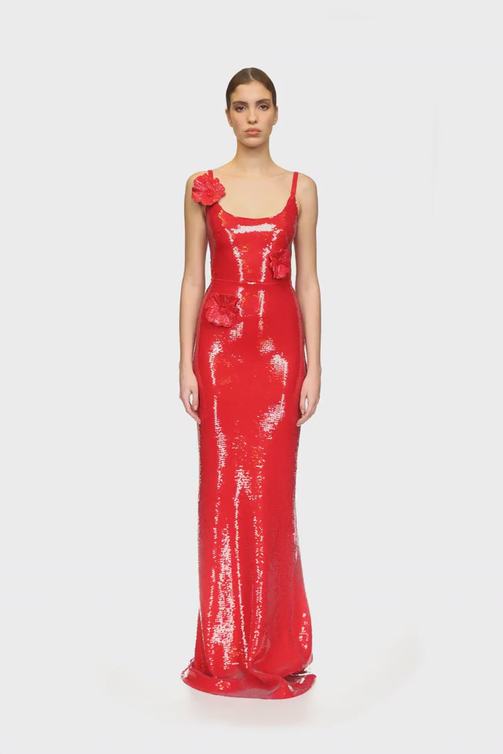 SEQUIN GOWN WITH 3D FLOWERS