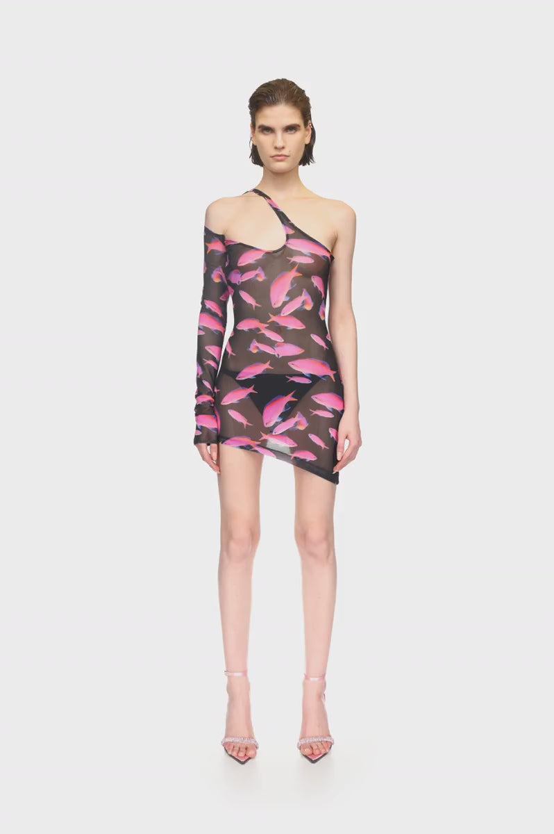 ASYMMETRIC FISH PRINT MESH MINI DRESS