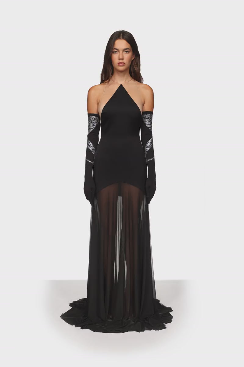 SATIN HALTERNECK GOWN WITH MESH SKIRT BLACK