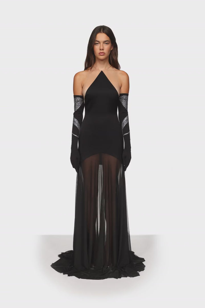 SATIN HALTERNECK GOWN WITH MESH SKIRT BLACK