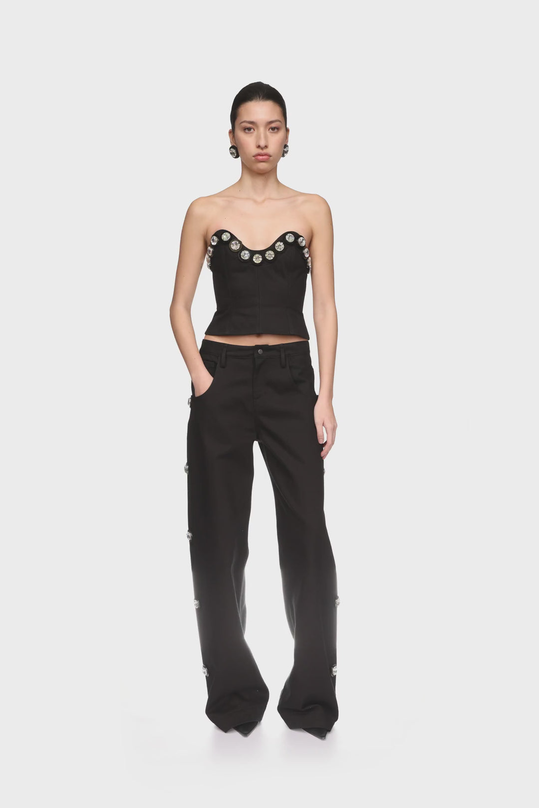 CRYSTAL EMBROIDERED DENIM TROUSERS