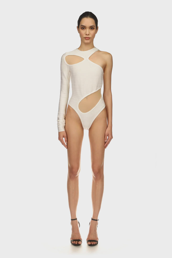 ASYMMETRIC RIB KNIT BODYSUIT IN WHITE