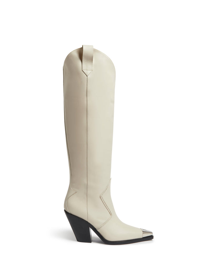 KNEE HIGH LEATHER COWBOY BOOTS IN ECRU