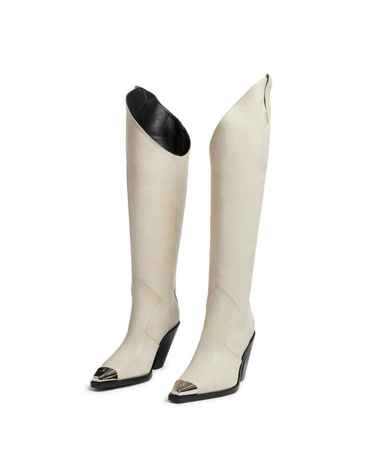 KNEE HIGH LEATHER COWBOY BOOTS IN ECRU