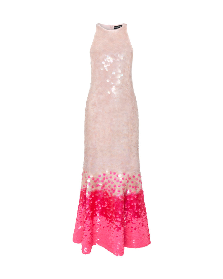 GRADIENT PAILLETTES AND FLOUNCE HEM MIDI DRESS