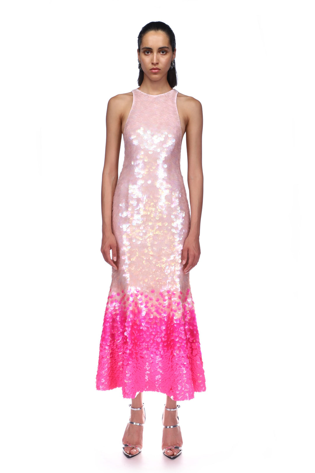 GRADIENT PAILLETTES AND FLOUNCE HEM MIDI DRESS