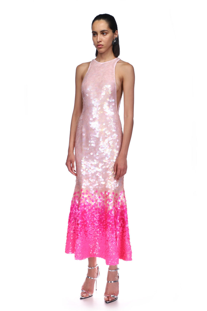 GRADIENT PAILLETTES AND FLOUNCE HEM MIDI DRESS