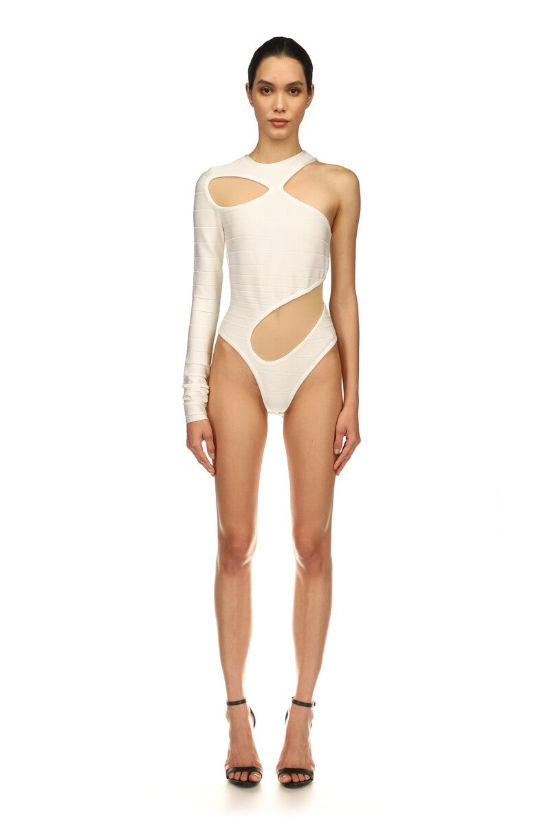 ASYMMETRIC RIB KNIT BODYSUIT IN WHITE