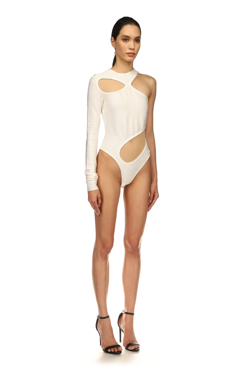 ASYMMETRIC RIB KNIT BODYSUIT IN WHITE