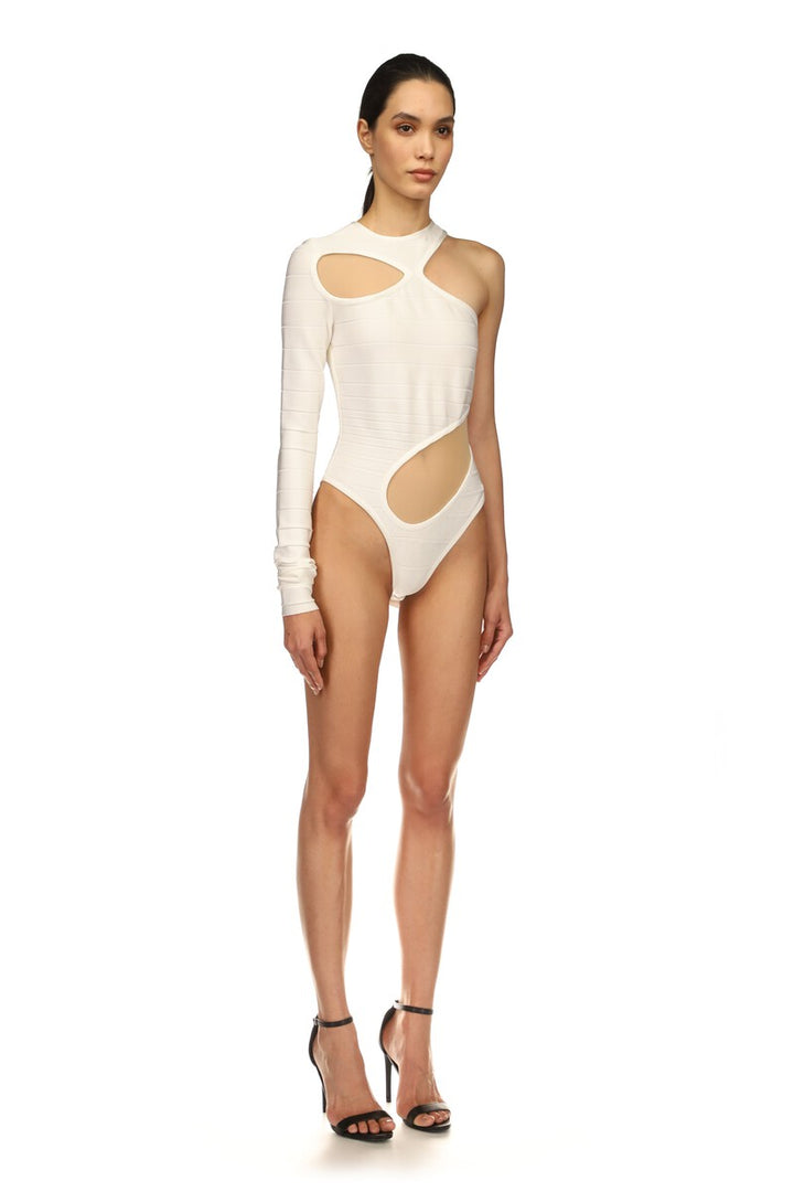 ASYMMETRIC RIB KNIT BODYSUIT IN WHITE