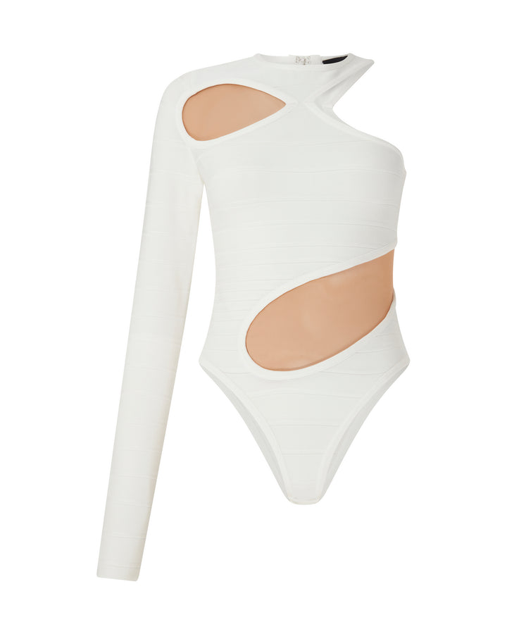 ASYMMETRIC RIB KNIT BODYSUIT IN WHITE